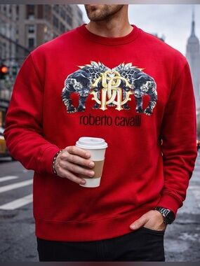 Roberto Cavalli Mens XL Sweatshirt Red Black Tiger Logo Cotton Crewneck